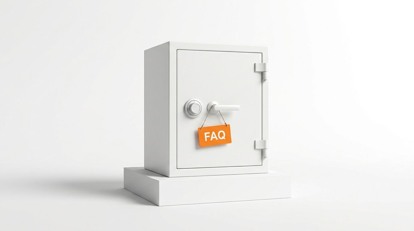 Ein weißer Tresor mit einem orangefarbenen Schild, auf dem „FAQ“ steht