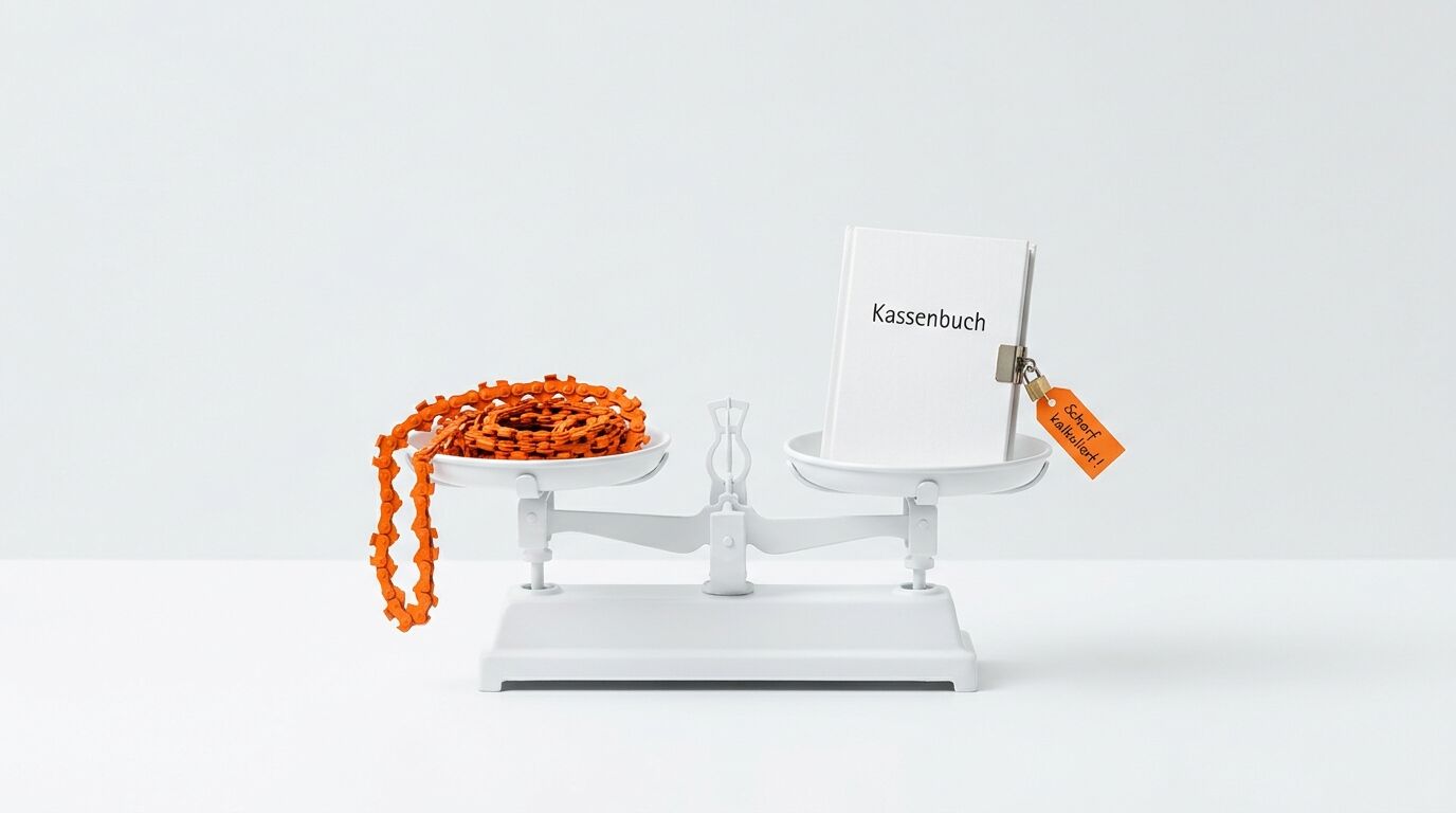 Waage wiegt orangefarbene Kette gegen gesichertes Kassenbuch auf weißem Grund