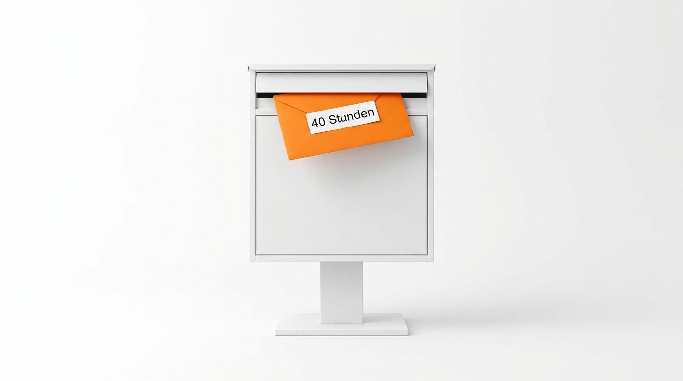Weißer Briefkasten mit orangem Briefumschlag, Aufschrift „40 Stunden“ vor weißem Hintergrund