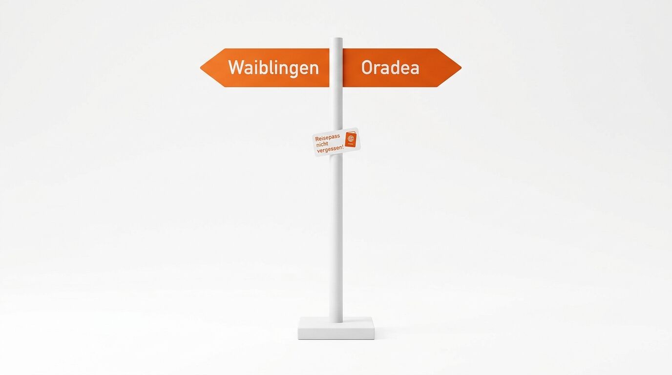 Wegweiser mit Zielen Waiblingen und Oradea sowie Pass-Erinnerung auf weißem Grund