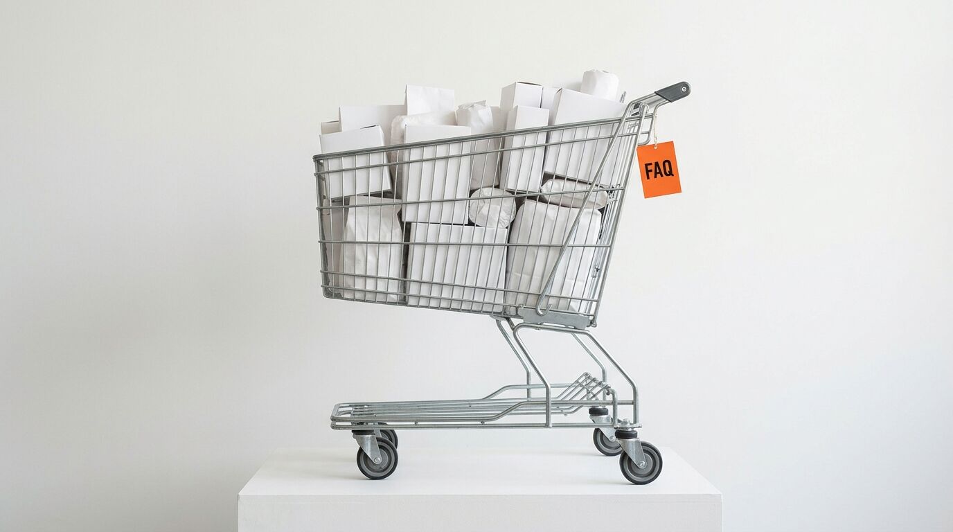Einkaufswagen mit weißen Boxen und orangefarbenem FAQ-Schild auf hellem Sockel vor weißem Grund