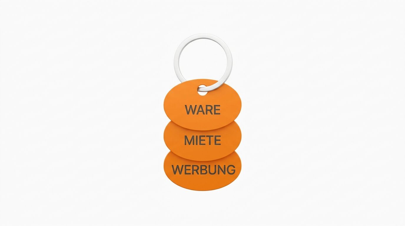 Oranger Schlüsselanhänger mit den Texten WARE MIETE WERBUNG