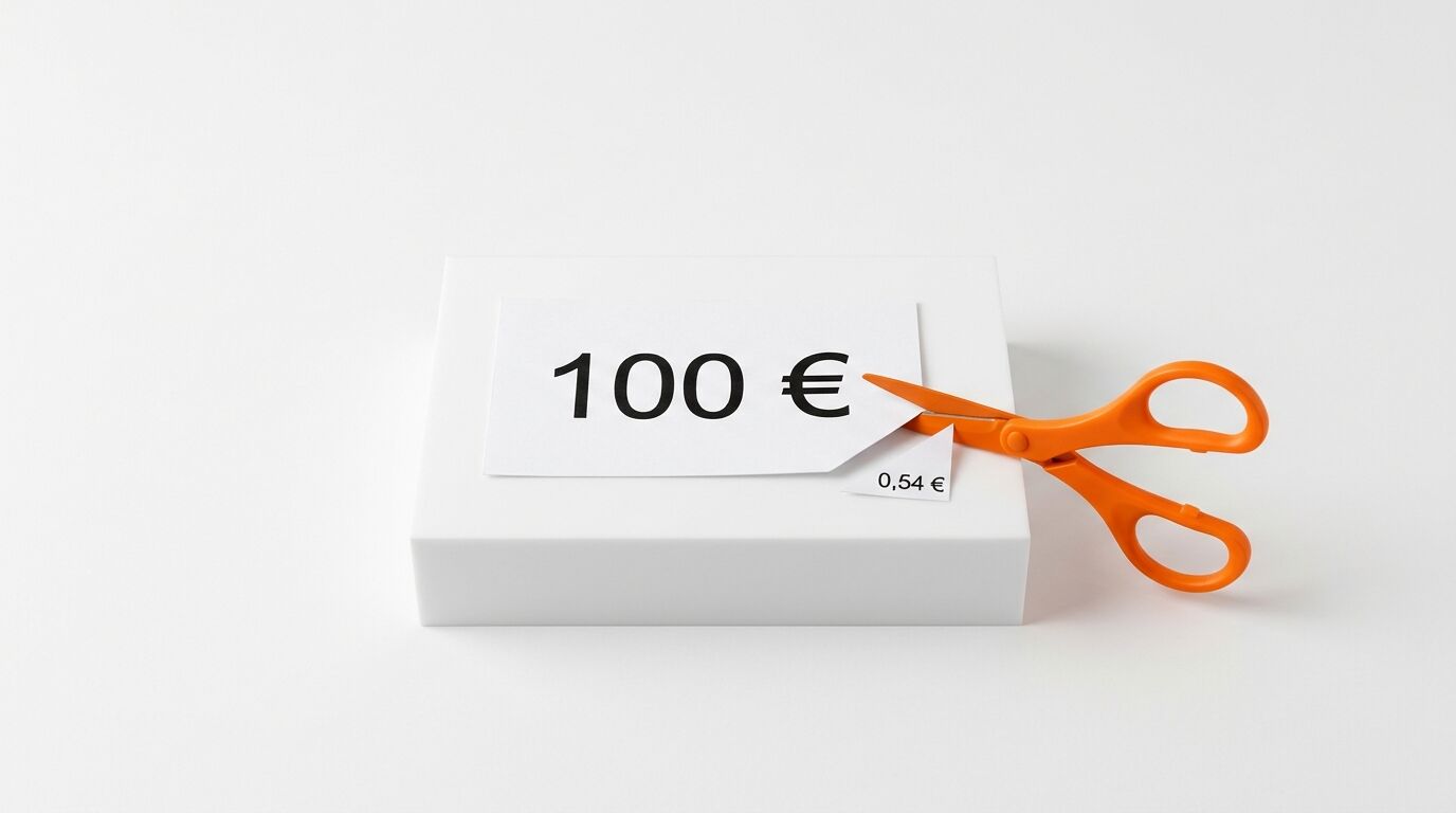 Orange Schere zerschneidet Papierschild mit „100 €“-Aufdruck auf weißem Block