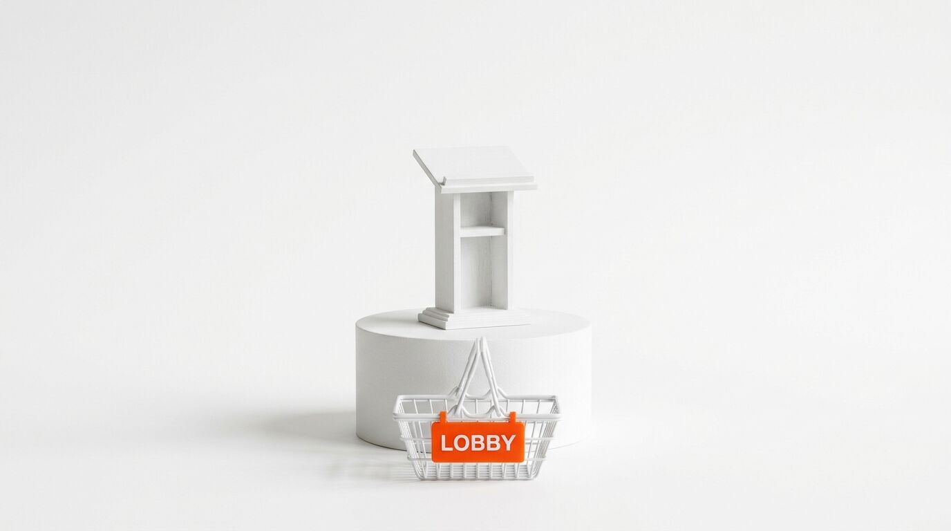 Ein Einkaufskorb mit „LOBBY“-Schild vor einem Rednerpult auf weißem Grund