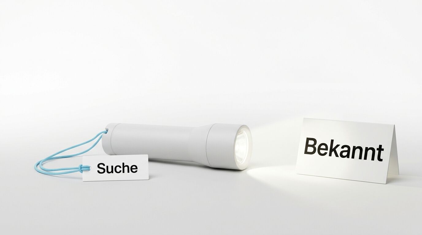 Taschenlampe mit Anhänger „Suche“ beleuchtet Aufsteller „Bekannt“ auf weißem Hintergrund