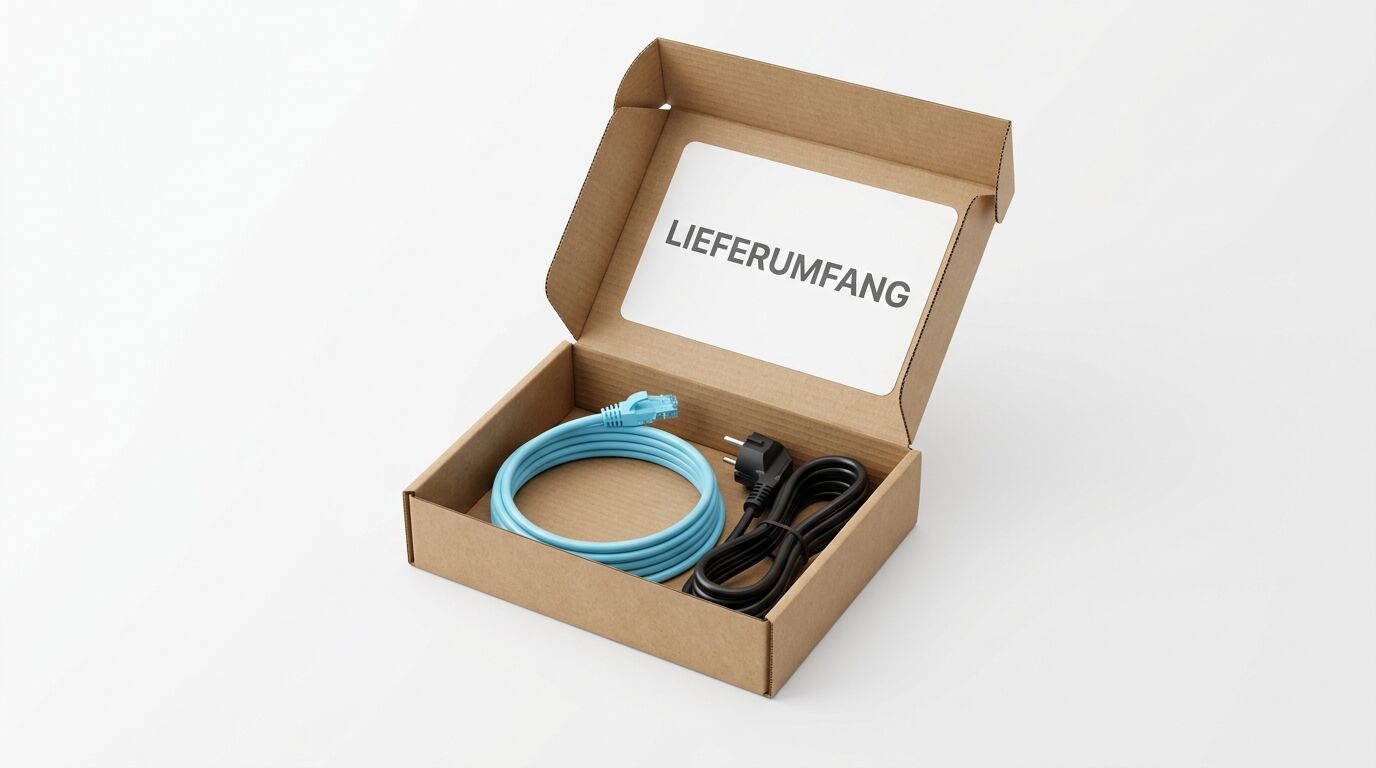 Geöffneter Karton mit hellblauem LAN-Kabel, schwarzem Netzkabel und Schild „LIEFERUMFANG“