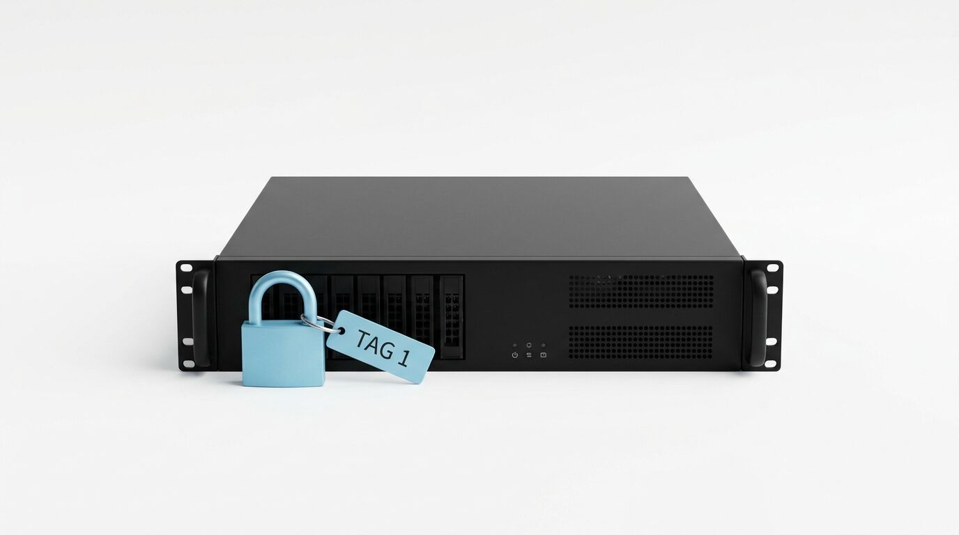 Ein schwarzer 2U-Rack-Server mit einem hellblauen Vorhängeschloss an einem Festplattenschacht