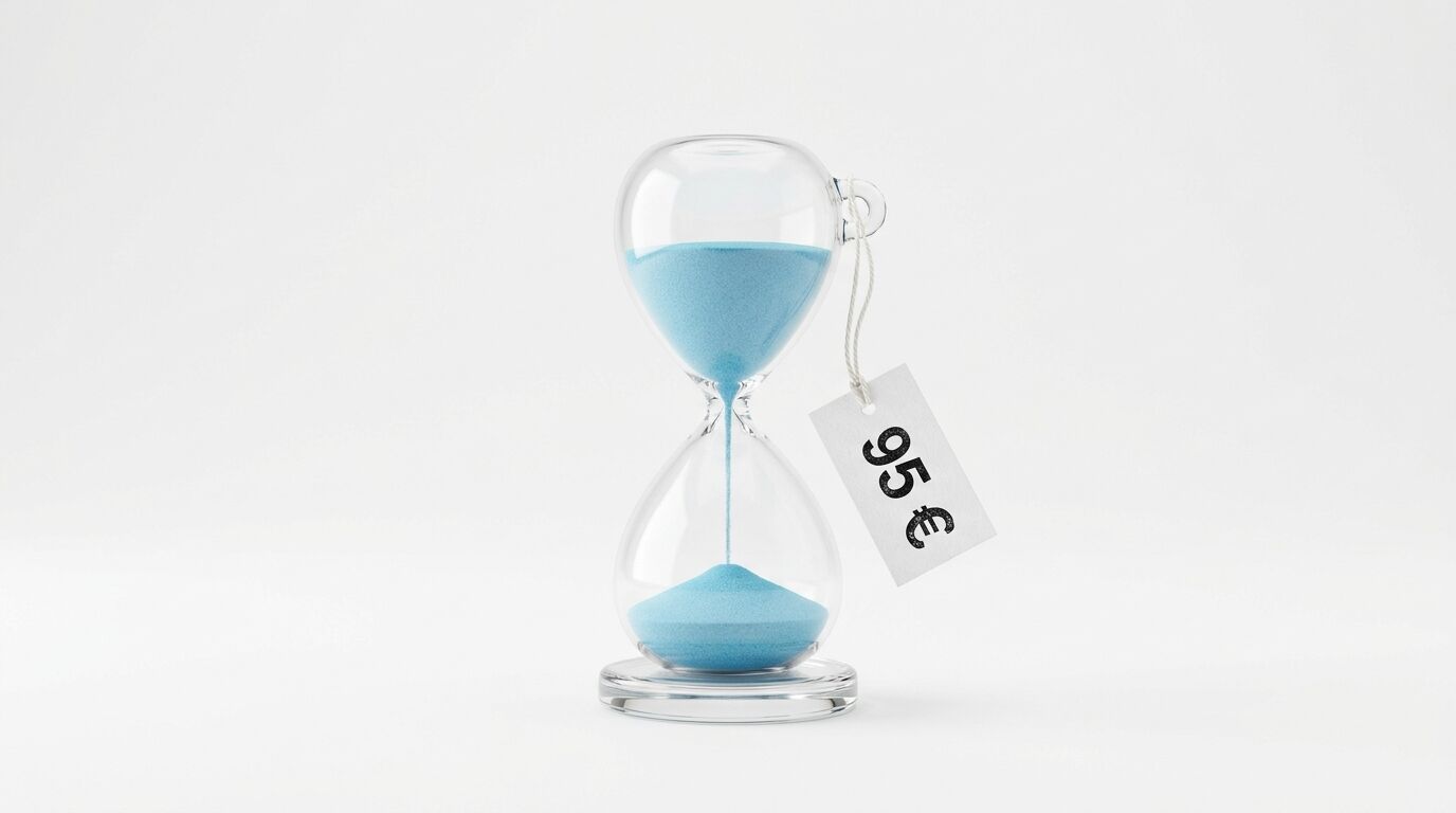 Ein Sanduhr mit blauem Sand und einem Preisschild mit der Aufschrift „95 €“ vor weißem Hintergrund