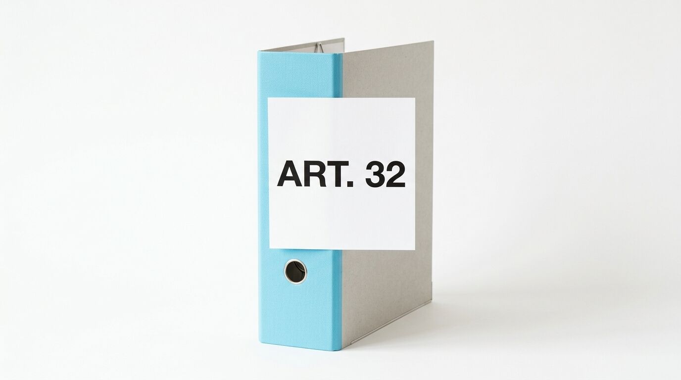 Blauer Ordnerrücken mit weißem Etikett und schwarzem Text ART. 32 vor weißem Hintergrund