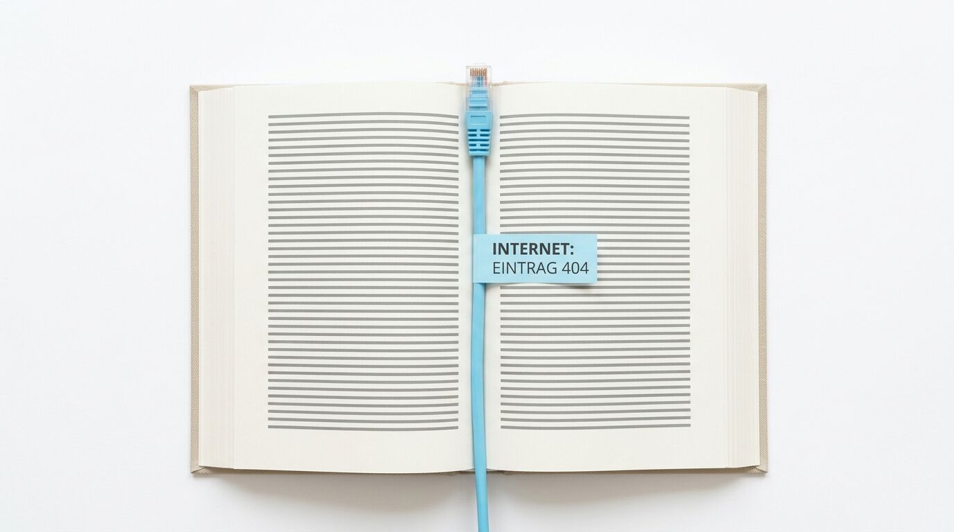 Offenes Buch mit blauem LAN-Kabel als Lesezeichen und Zettel „INTERNET: EINTRAG 404“