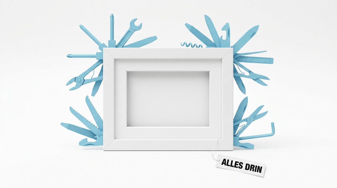 Weißer Bilderrahmen mit hellblauen Multi-Tool-Teilen und Anhänger „ALLES DRIN“ auf Weiß