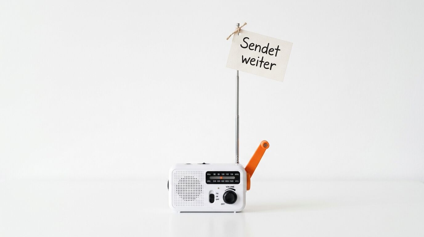 Ein weißes Kurbelradio mit Antenne und einem Schild „Sendet weiter“ vor weißem Hintergrund