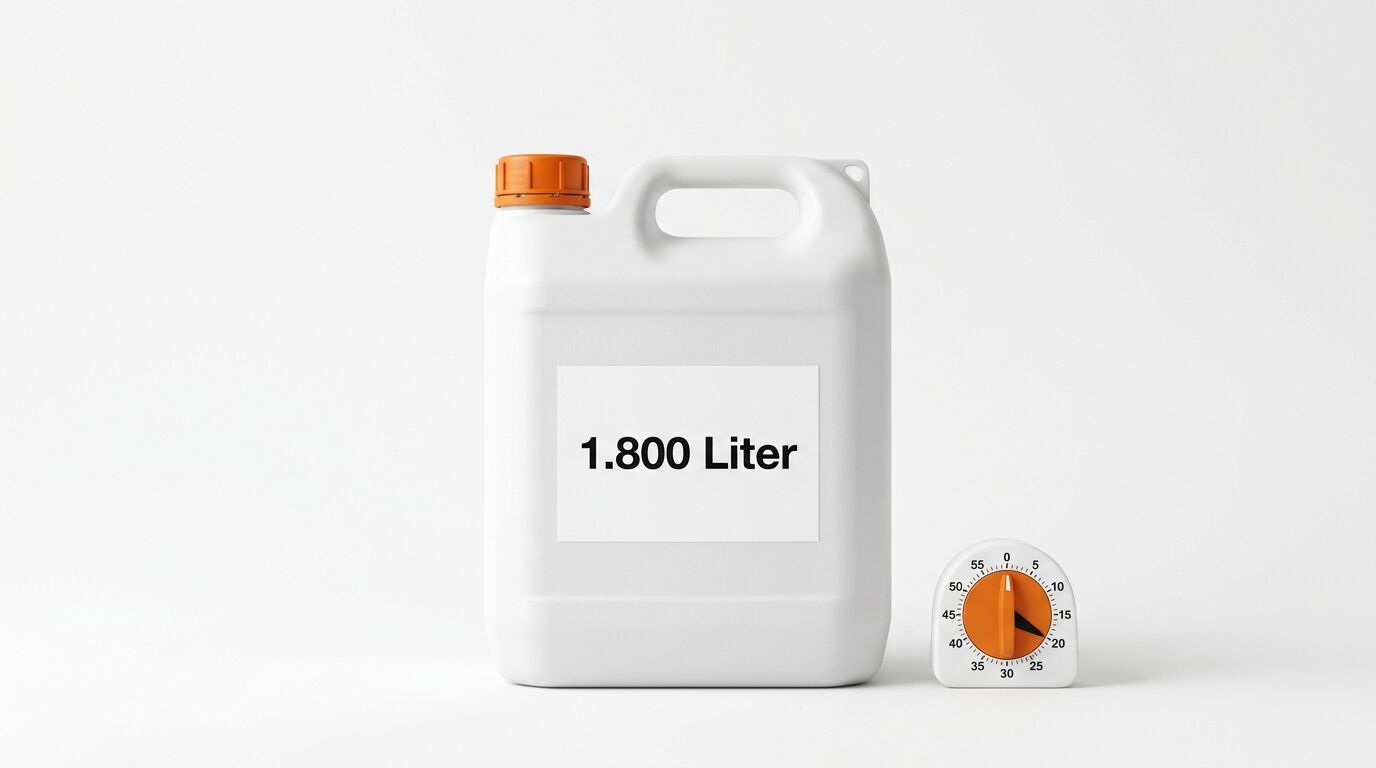 Ein weißer Kanister mit 1.800 Liter Aufschrift neben einem mechanischen Kurzzeitwecker