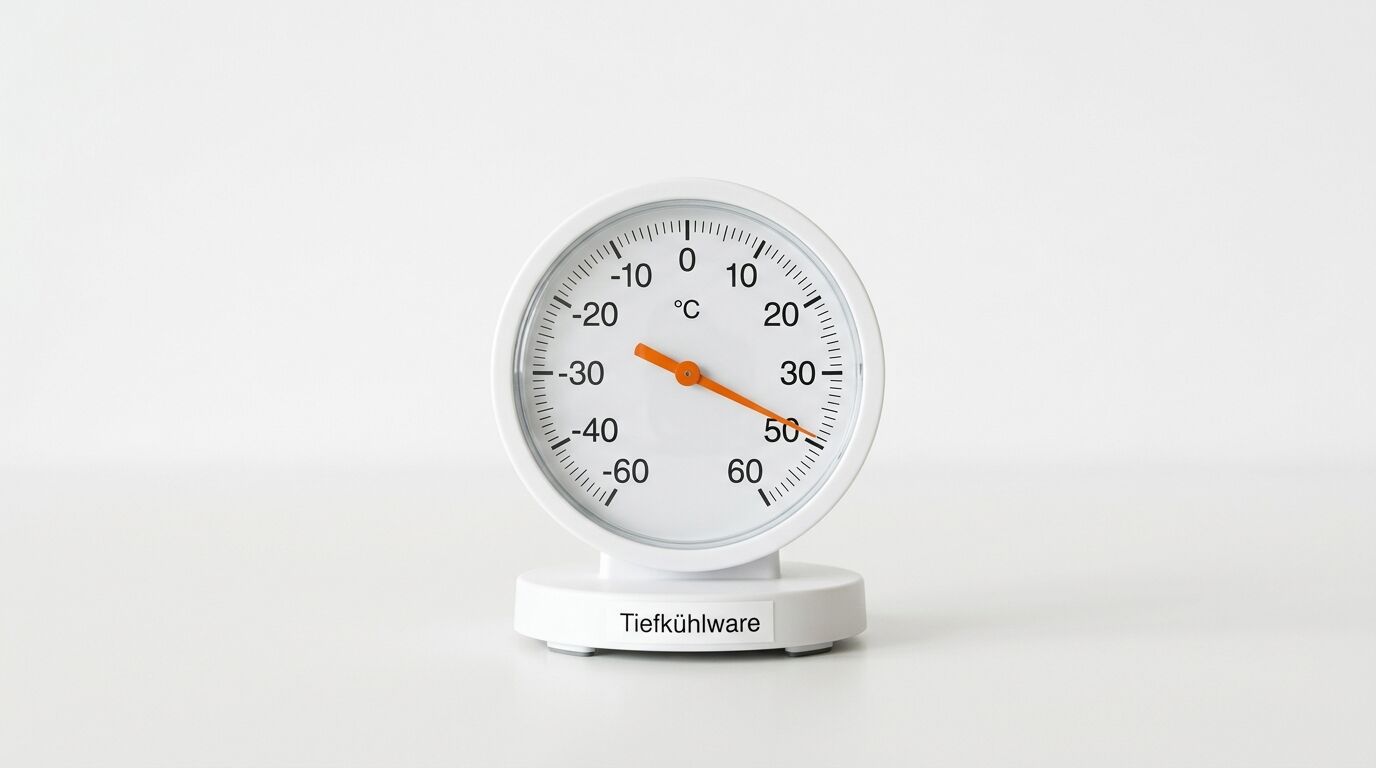 Rundes, weißes Analog-Thermometer auf Standfuß mit Aufschrift „Tiefkühlware“, Zeiger steht ca. auf 48
