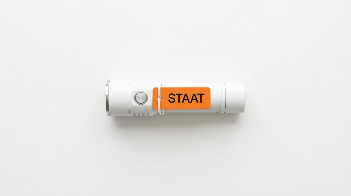 Weiße Taschenlampe mit orangefarbenem Anhänger und Aufschrift „STAAT“ auf weißem Grund