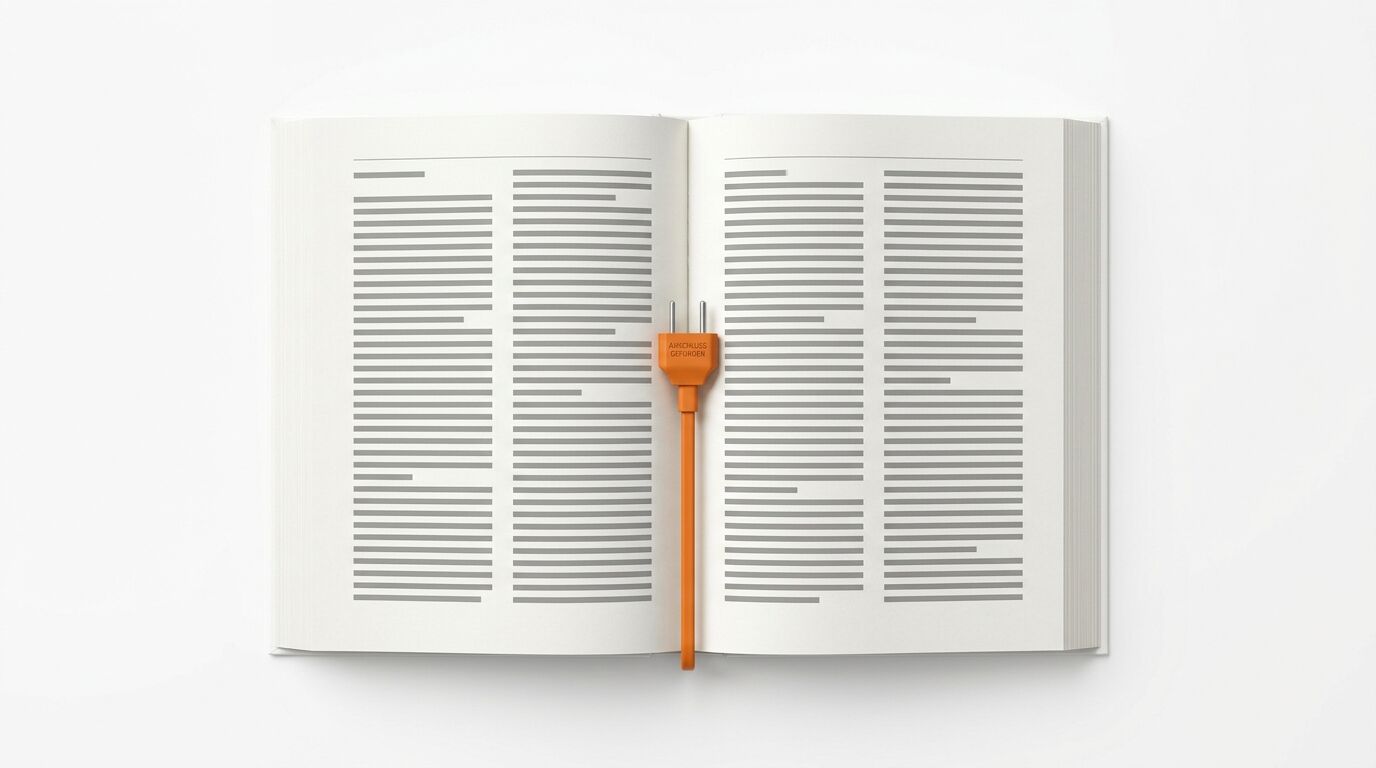 Ein aufgeschlagenes Buch, in dem ein oranger Stecker mit Kabel als Lesezeichen liegt
