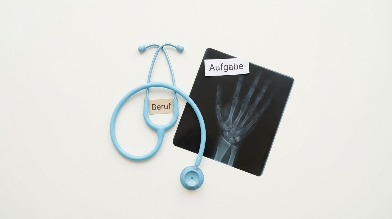 Hellblaues Stethoskop, Röntgenbild einer Hand und Papierzettel mit „Beruf“ und „Aufgabe“