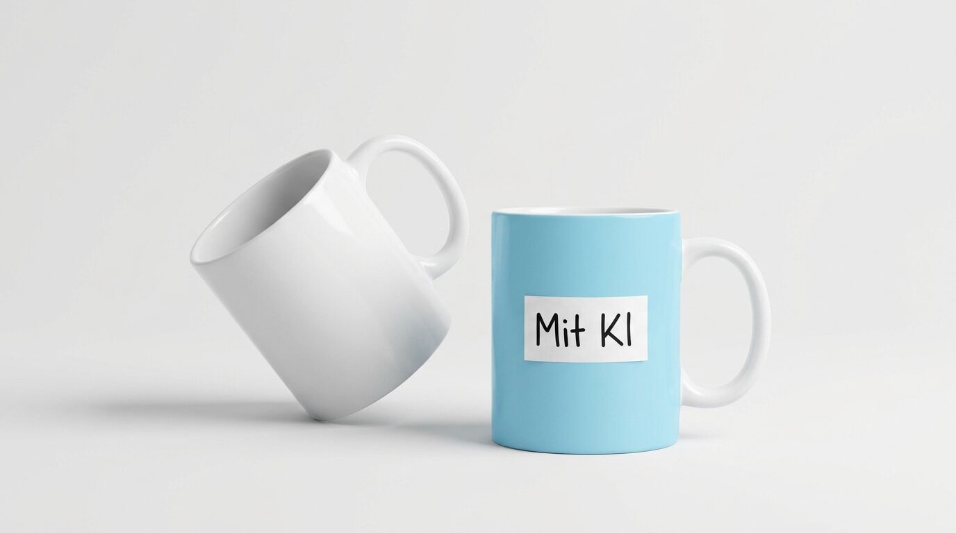 Eine schräge weiße Tasse und eine hellblaue Tasse mit „Mit KI“-Zettel vor weißem Grund