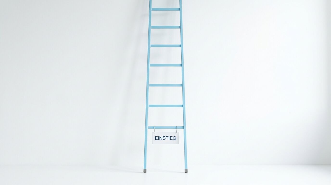 Blaue Leiter vor weißer Wand mit Schild „EINSTIEG“