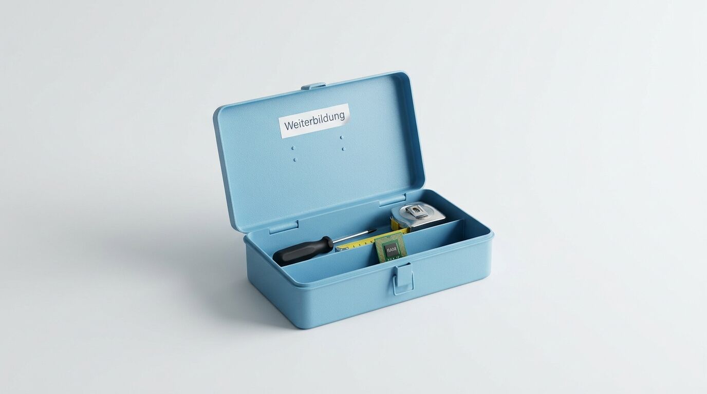 Blaue Werkzeugkiste, beschriftet mit „Weiterbildung“, enthält Schraubendreher, Maßband, Prozessor