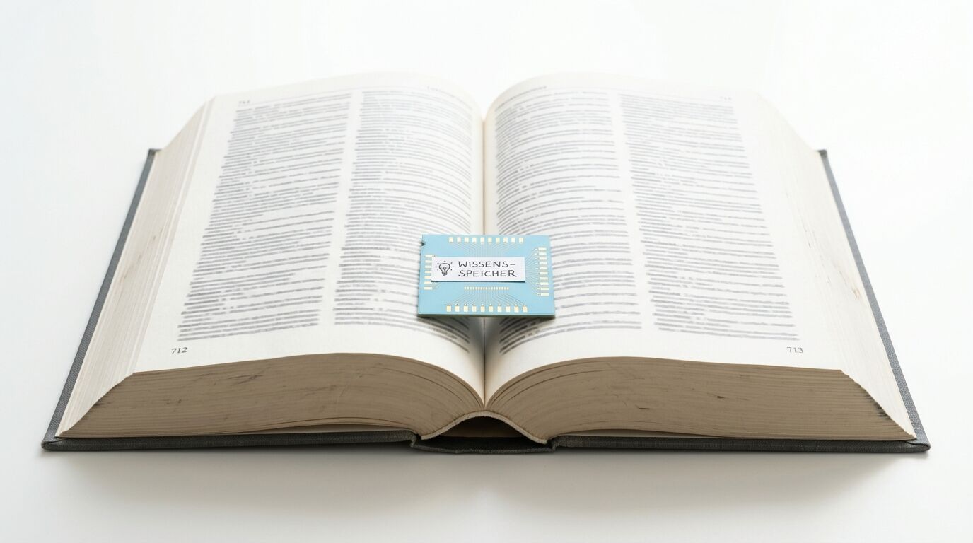 Offenes Buch mit einem Mikrochip, auf dem ein Glühbirnen-Symbol und