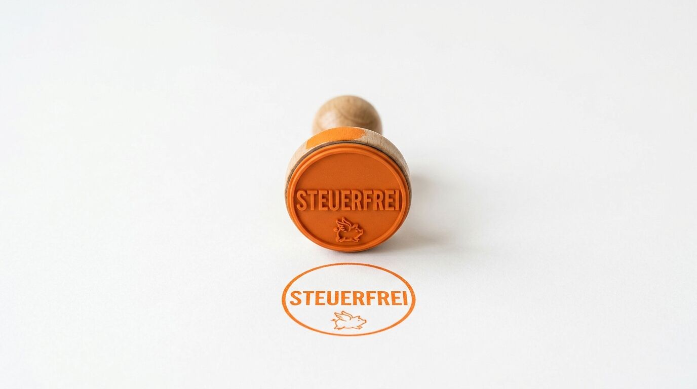 Ein Holzstempel mit oranger Gummifläche zeigt den Text