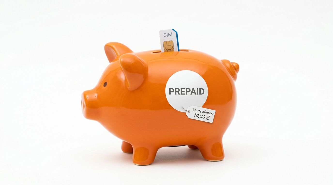 Oranges Sparschwein mit Prepaid-Label, SIM-Karte im Schlitz und Preisschild vor weißem Hintergrund