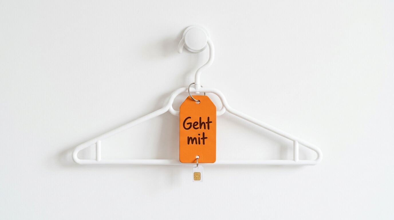Weißer Kleiderbügel mit orangerotem Anhänger und Text: „Geht mit“. Ein SIM-Kartenchip hängt unten