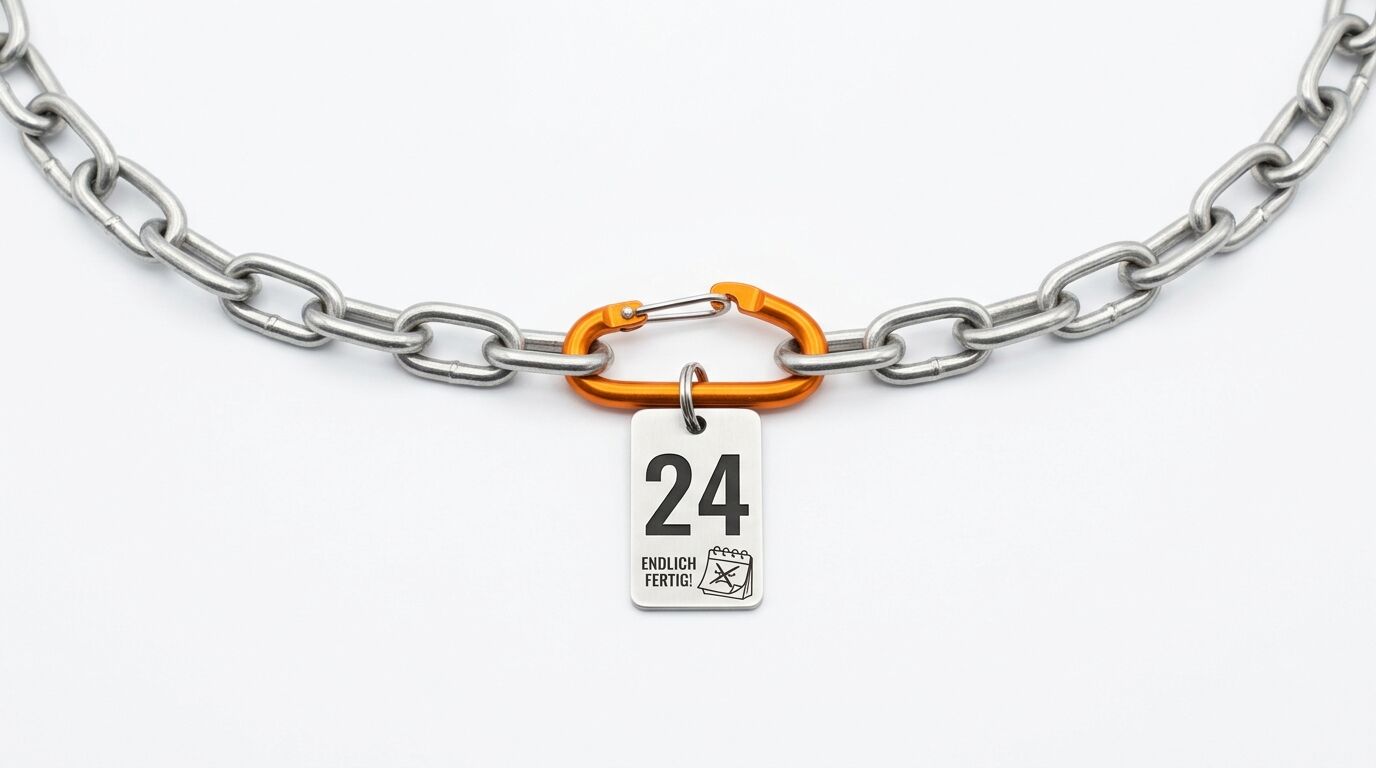 Kette verbunden mit orangem Karabiner und Schildchen mit der Aufschrift „24 ENDLICH FERTIG!“