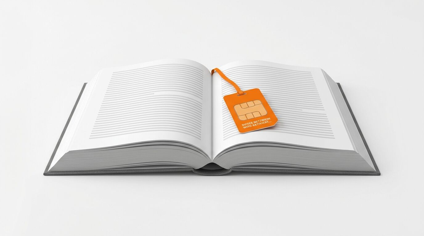 Ein aufgeschlagenes Buch mit einem orangefarbenen Lesezeichen im SIM-Karten-Design