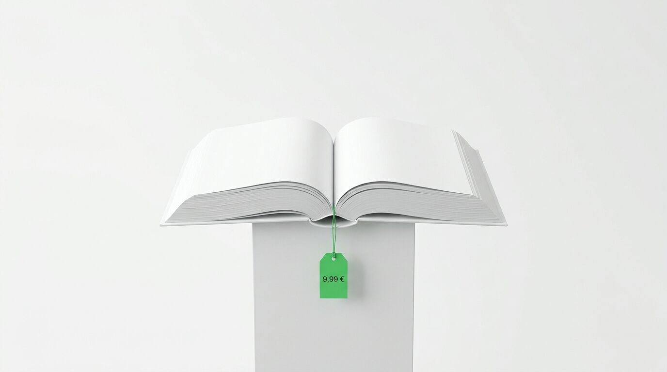Aufgeschlagenes weißes Buch auf Sockel mit grünem 9,99€-Preisschild vor weißem Hintergrund