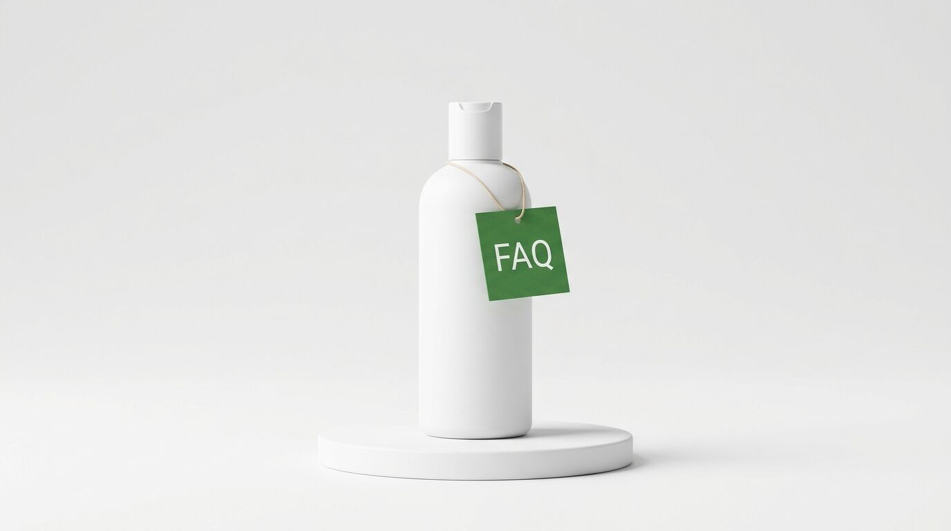 Eine weiße Flasche mit grünem FAQ-Schild steht auf einem weißen Podest