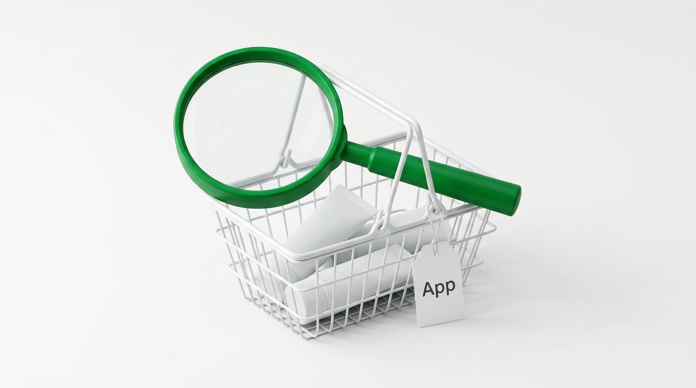 Ein weißer Einkaufskorb mit einer Lupe, weißen Produkten und einem Anhänger mit dem Wort „App“