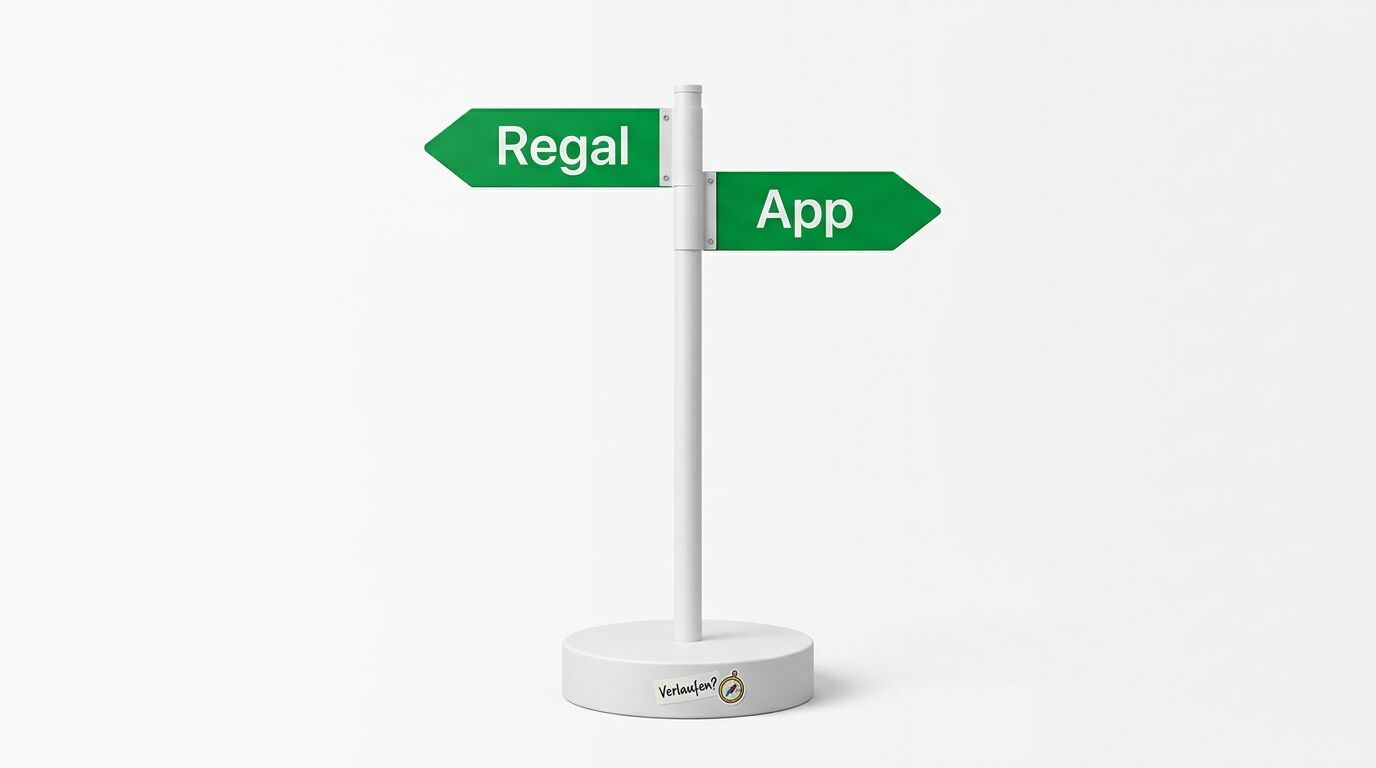 Wegweiser: links „Regal“, rechts „App“ in weiß auf grün; Sockel mit „Verlaufen?“ und Kompass