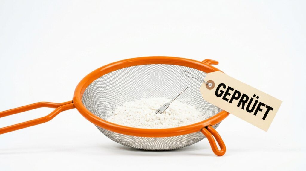 Web App Firewall: Oranges Küchensieb, in dem ein winziger Dietrich hängen geblieben ist, am Rand ein Etikett mit der Aufschrift „Geprüft“