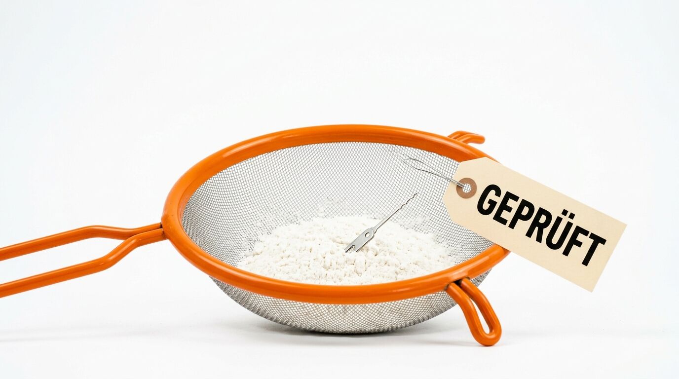 Oranges Sieb mit Mehl und einem „GEPRÜFT“-Anhänger