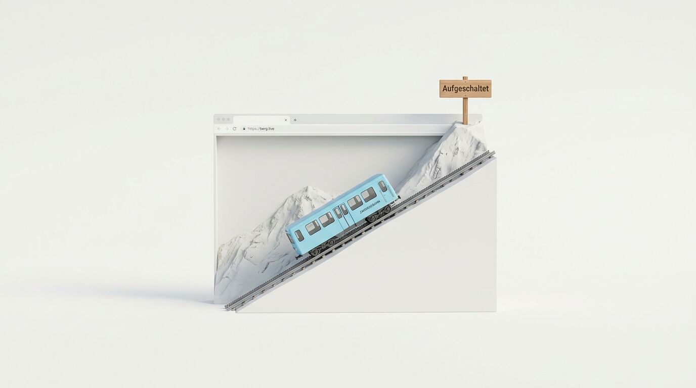 Browser-Fenster mit Bergbahn auf schneebedecktem Berg, Schild "Aufgeschaltet" oben rechts