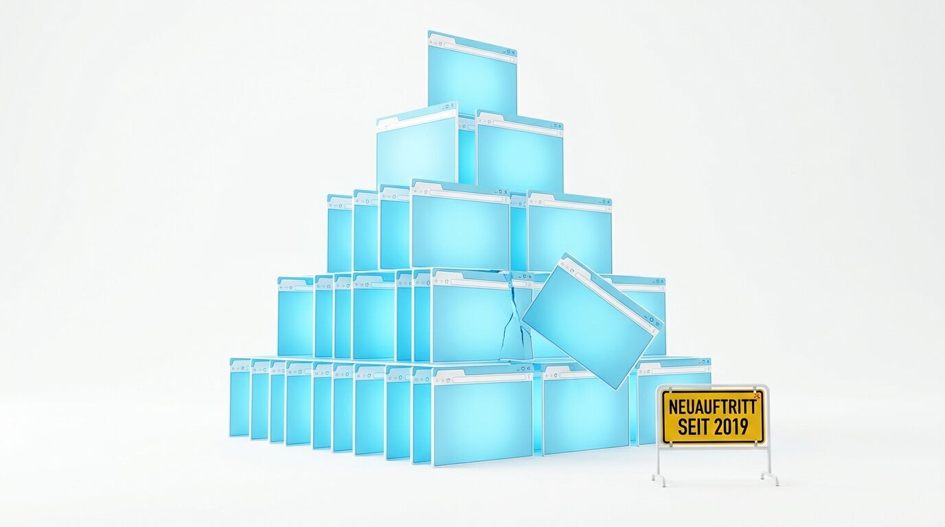 Pyramide aus türkisfarbenen Browserfenstern mit gelbem Schild "NEUERÖFFNUNG SEIT 2019"