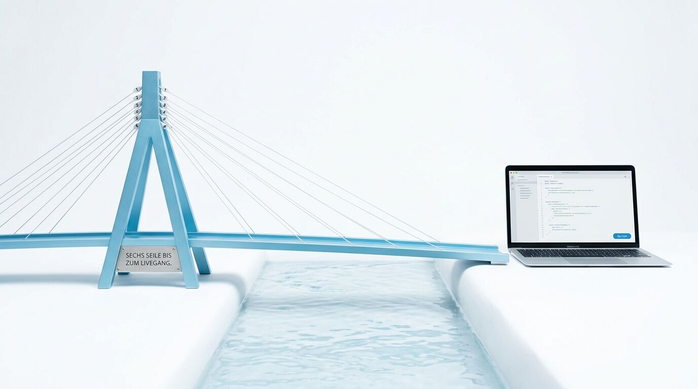 Eine blaue Schrägseilbrücke verbindet ein Laptop mit Wasser. Plakette trägt Text "Sechs Seile bis zum Livegang"