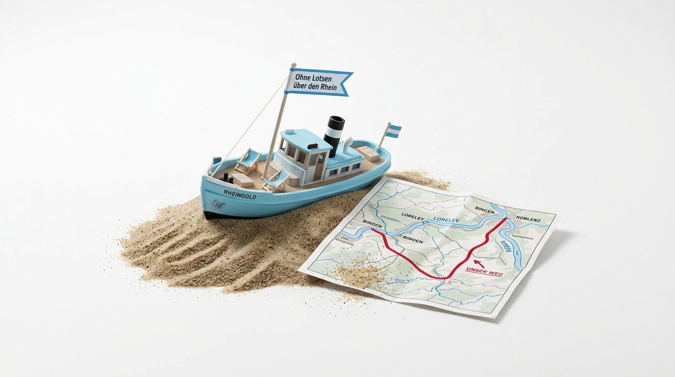 Spielzeugschiff "Rheingold" auf Sand mit Flagge "Ohne Lotsen über den Rhein" und Karte der Rheinregion