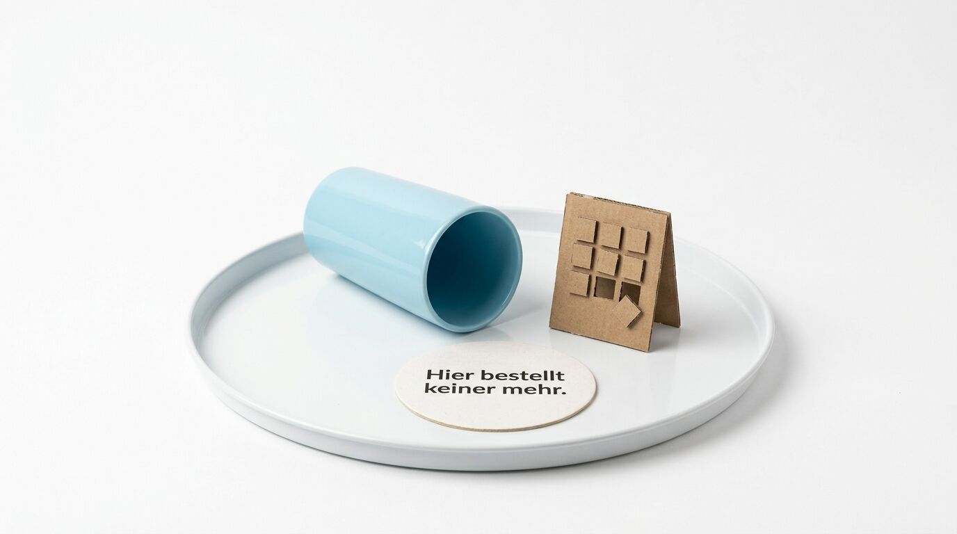 Weiße Platte mit umgestürztem blauem Becher, Papphaus und Schild "Hier bestellt keiner mehr"