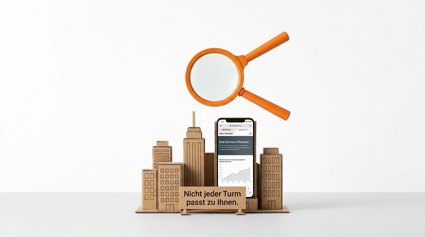 Stadtsilhouette mit Smartphone, Lupe und Text "Nicht jeder Turm passt zu Ihnen" auf weißem Hintergrund
