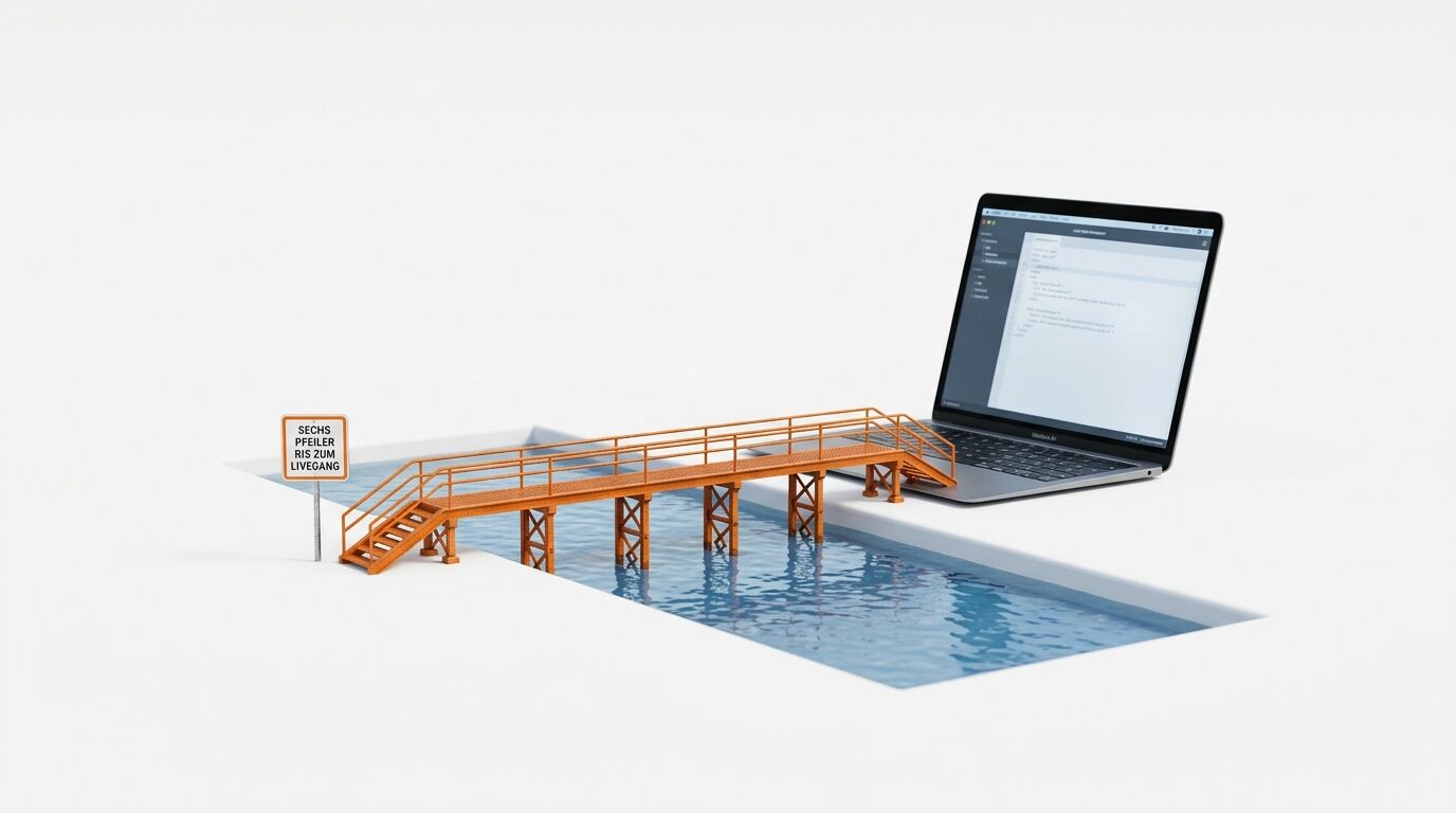 Laptop neben Schwimmbecken mit orange Holzsteg. Schild "SECHS PFEILER RIS ZUM LIVEGANG" sichtbar