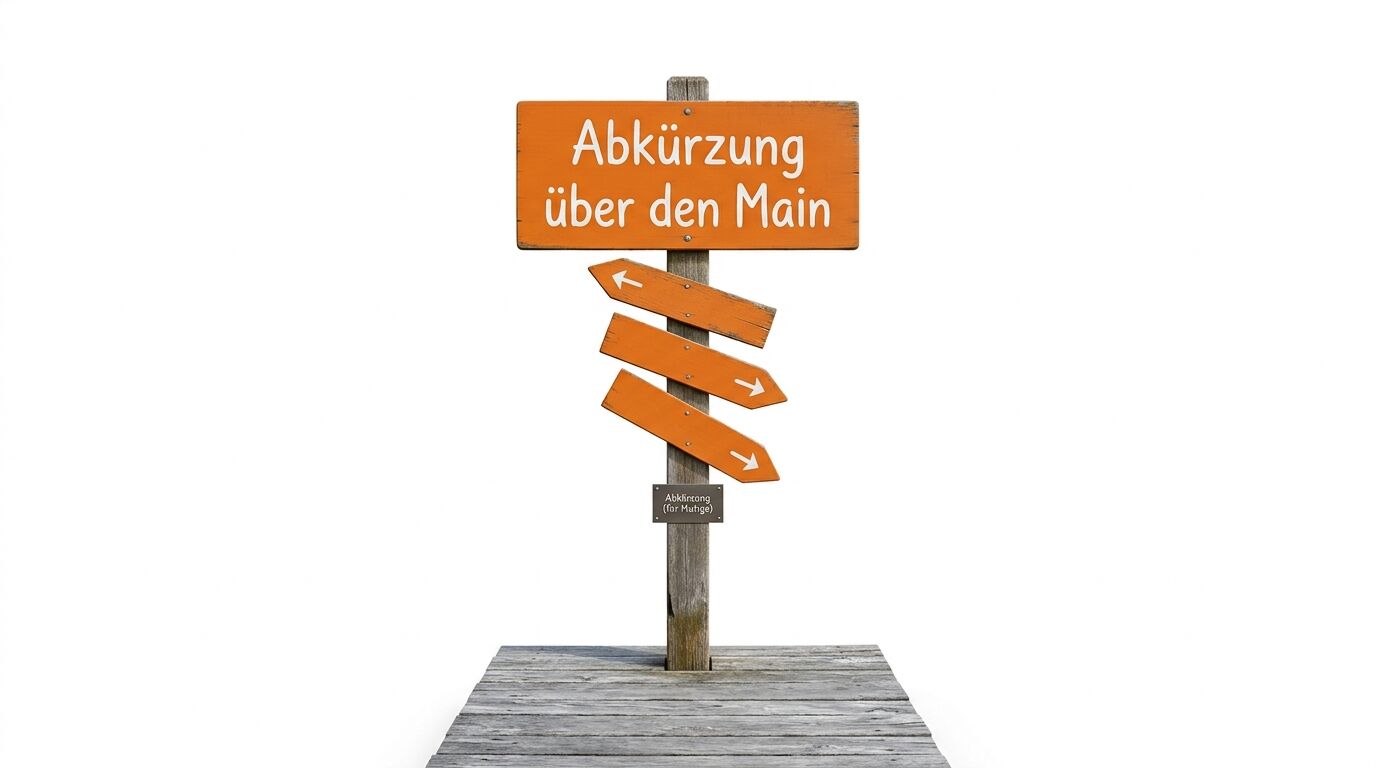 Holzwegweiser mit orangefarbenen Schildern. Oben "Abkürzung über den Main", darunter drei Richtungspfeile in verschiedene Richtungen