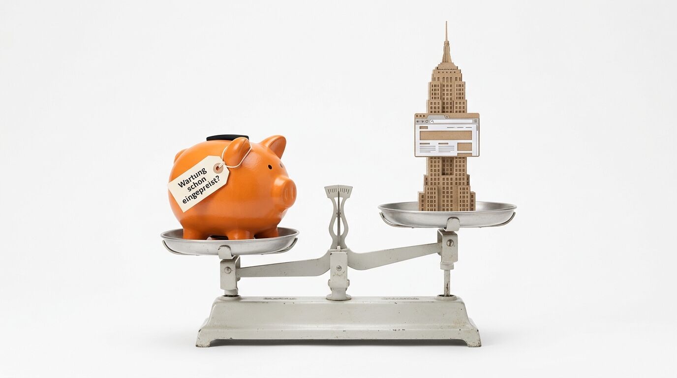 Waage mit Sparschwein und Empire State Building, symbolisiert Vermögensvergleich zwischen Privatperson und Institution