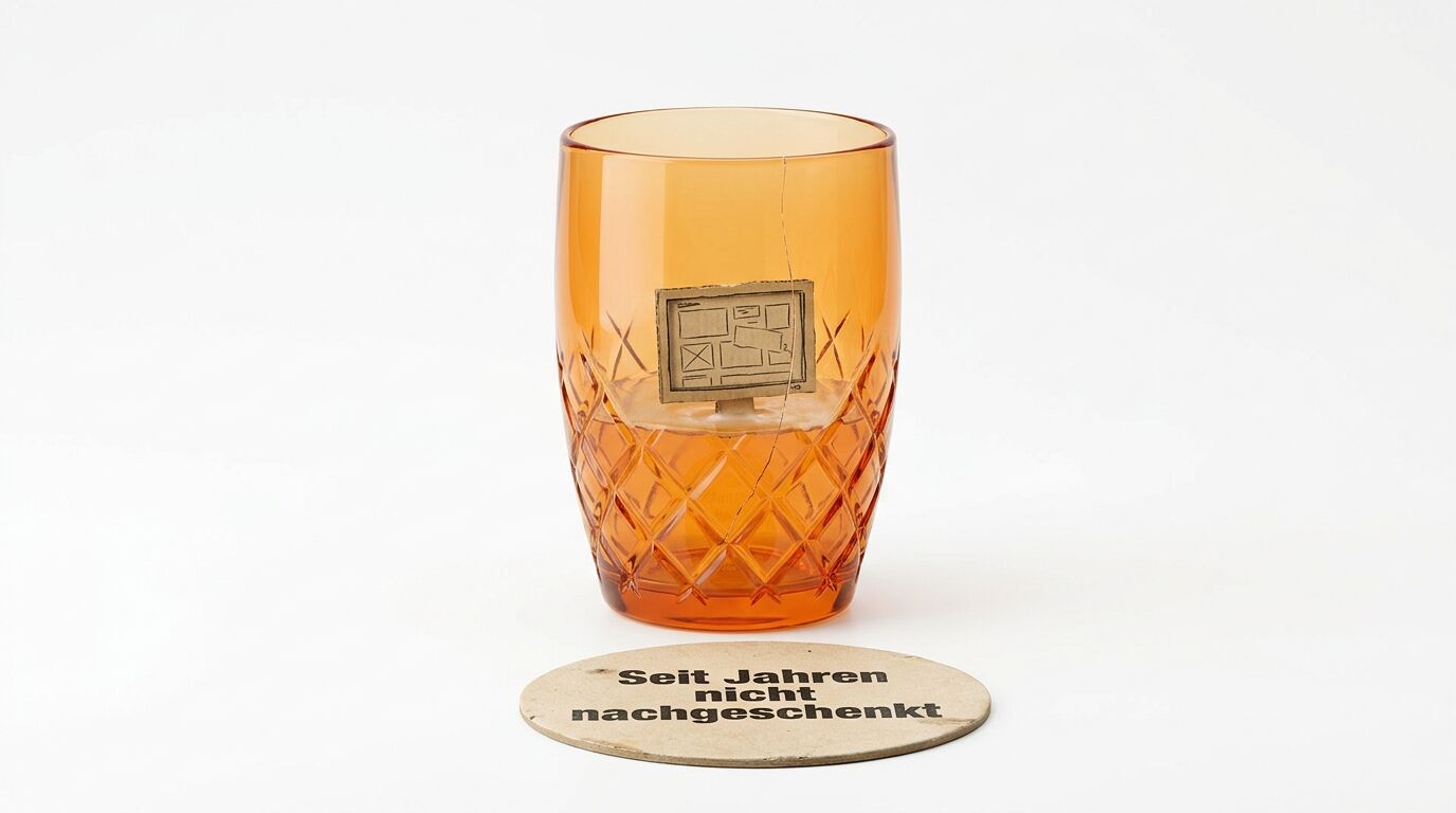 Oranges Kristallglas mit geometrischem Schliffmuster und metallischem Etikett auf rundem Untersetzer mit deutscher Aufschrift