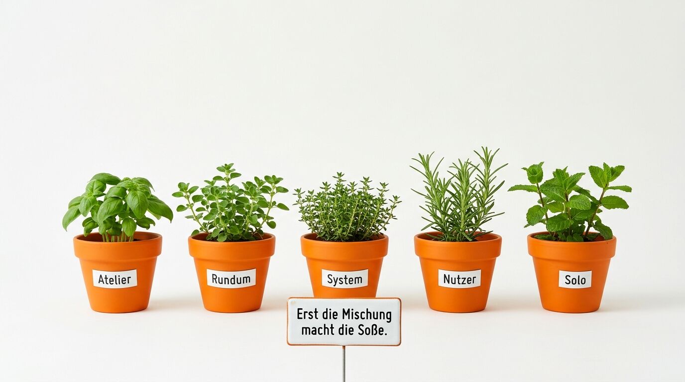 Fünf orange Blumentöpfe mit verschiedenen Kräutern, jeweils beschriftet mit Atelier, Rundum, System, Nutzer und Solo. Darunter ein Schild mit deutschem Text