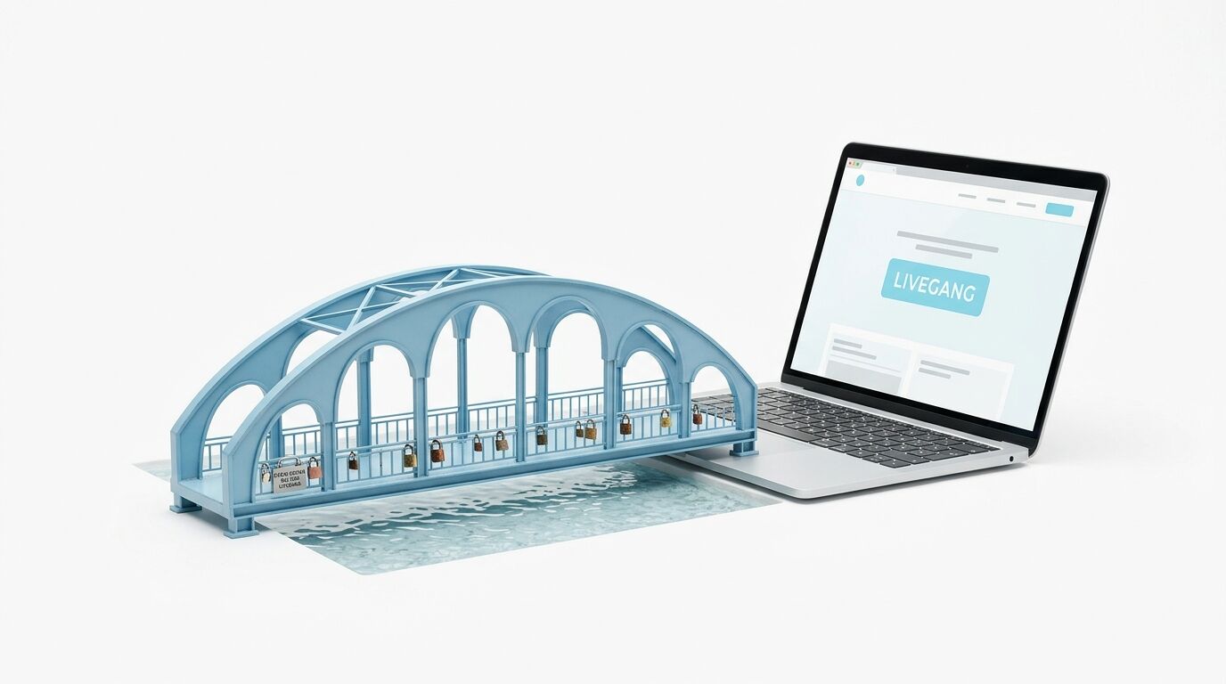 Ein blauweißer Tunnel mit Schlössern neben einem Laptop, auf dem "LIVEGANG" angezeigt wird