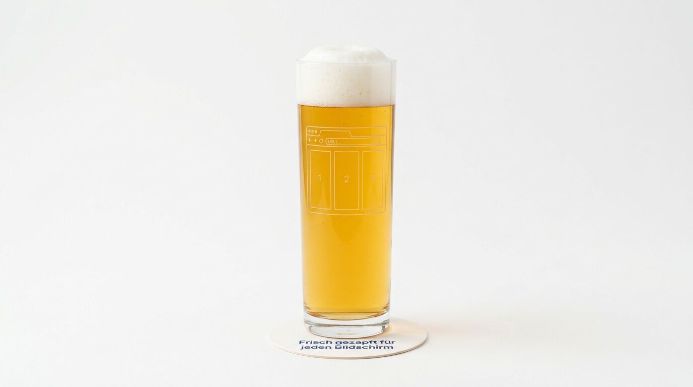 Ein Glas Bier mit Schaumkrone auf einem Untersetzer mit deutschem Text vor hellem Hintergrund