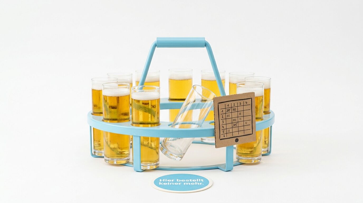 Blauer Bierträger mit Gläsern gefüllt mit gelblichem Bier, Spielwürfel und Bierdeckel mit Text "Hier bestellt keiner mehr"